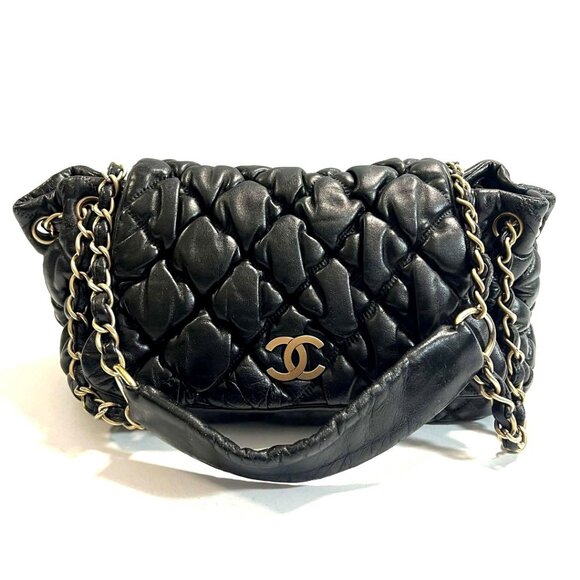 Authentic CHANEL CC Classic Black Quilted Leather Bubble Flap Bag Timeless Purse - Picture 1 of 15